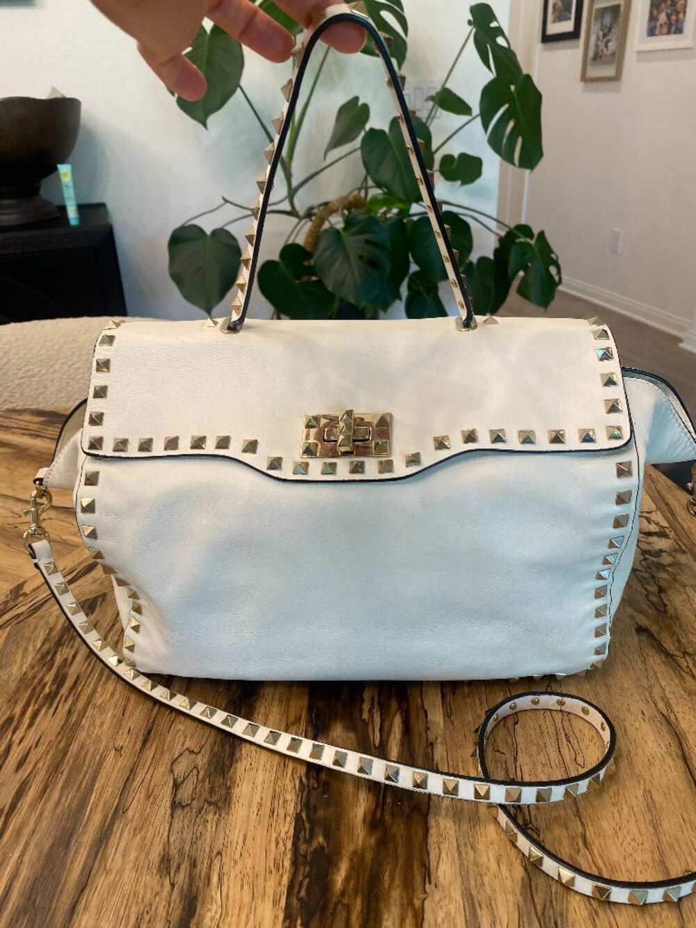 Valentino Rockstud Medium Foldover Flap Tote White Cream Gold Studs
